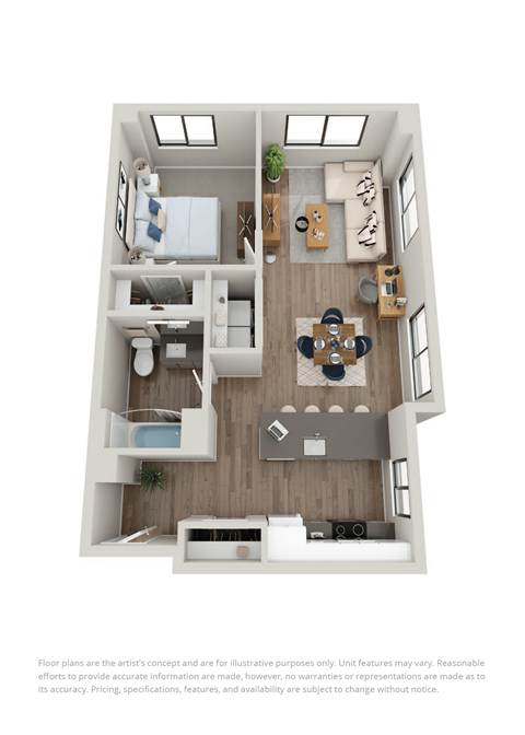 a 1 bedroom floor plan with a bathroom and a living room